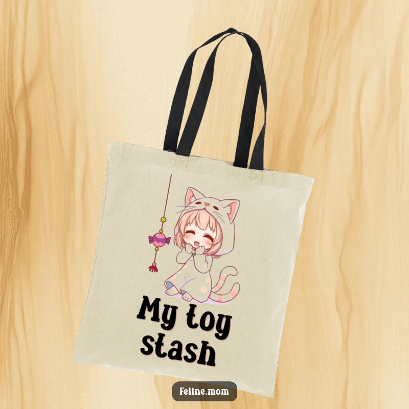 Funny tote bag with a woman dressed as a cat, playfully swatting a dangling toy. A humorous and stylish accessory.